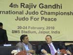Mr. Marius L. Vizer, President, International Judo Federation in a discussion with Mr. Jagdish TYTLER, President, Judo Federation of India, during the 4th RGIJC, Jaipur