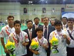 Silver medalists of 4th Asian Youth Judo Championships 2010, Mr. Inoton Singh, Ms. Kabita Devi and Ms. Sangeetha are with Mr. Mukesh Kumar, Gen. Secretary, Mr.Manohar Bangera, Technical Chairman, and Coaches Mr. Jiwan Sharma and Mr. Virender Singh