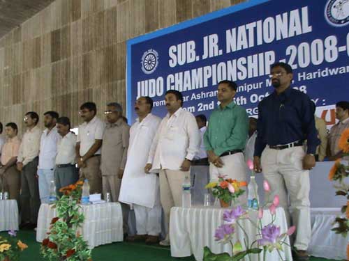 All the participants given a Tribute to the Late Shri. Biranchi Das, Secretary, Orissa State Judo Assn., before the Opening Ceremony of the Junior National Judo Championships 2008-09, held in Haridwar, Uttarakhand, from 2nd to 5th October 2008